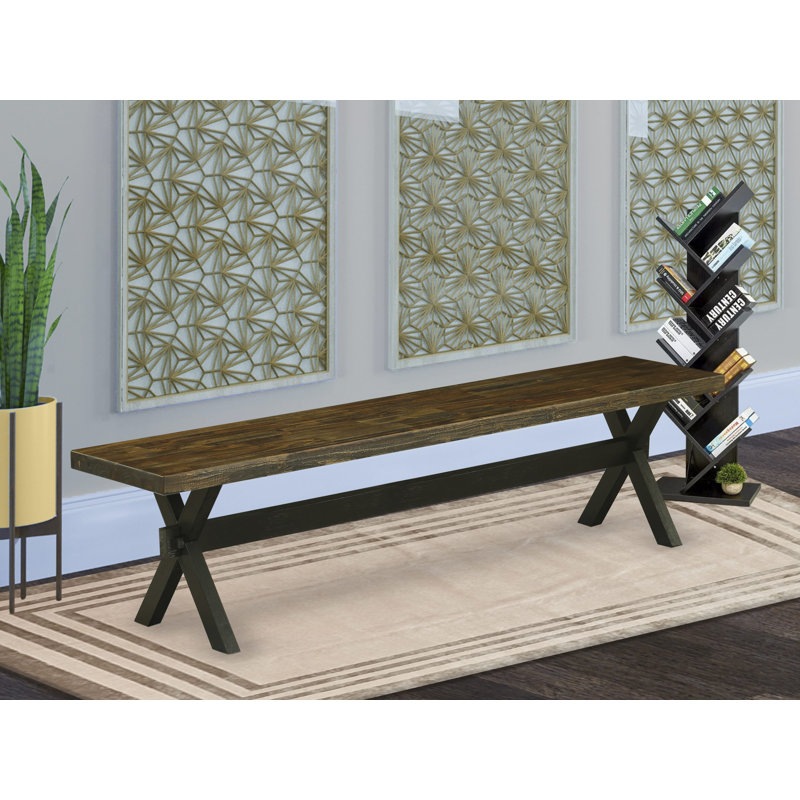 X-Style Modern Dining Bench with Wood Seat, Wire-brushed Black Finish., Distressed Jacobean/Black, 18" H x 15" W x 72" D
