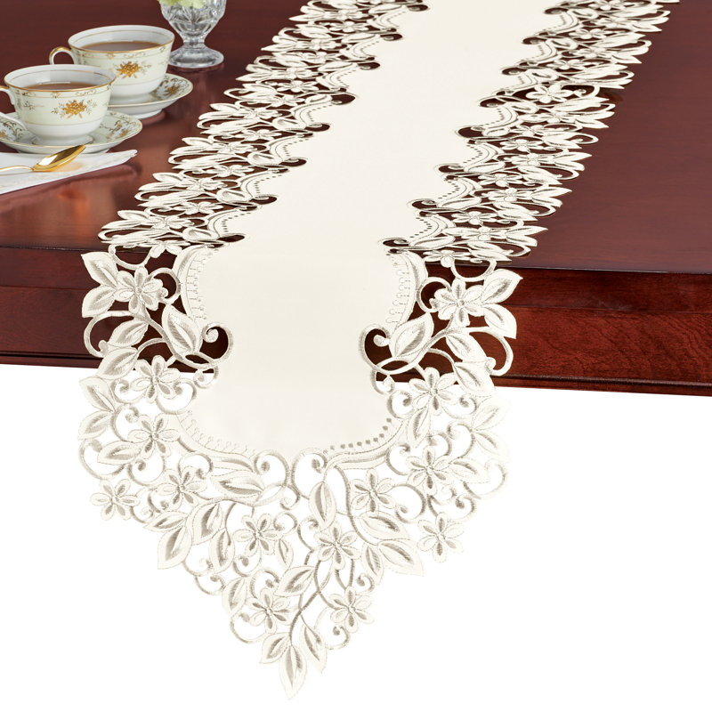 Trailing Vines Embroidered Intricate Cutwork Table Linens, Cream