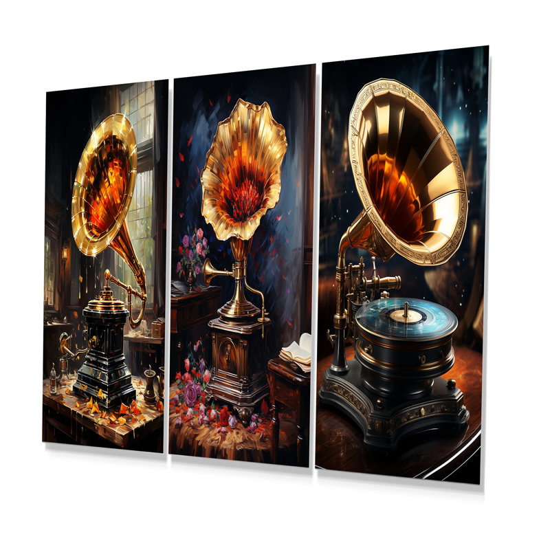 Gold Phonographs Elegance I - Phonographs Metal Art Print Set Of 3, 28" H x 36" W