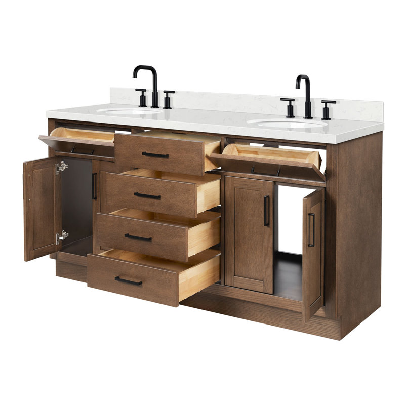 Thornaby 66'' Solid Wood Double Bathroom Vanity with 1.5'' Carrara Quartz Top, Oval, Brown Oak / Matte Black