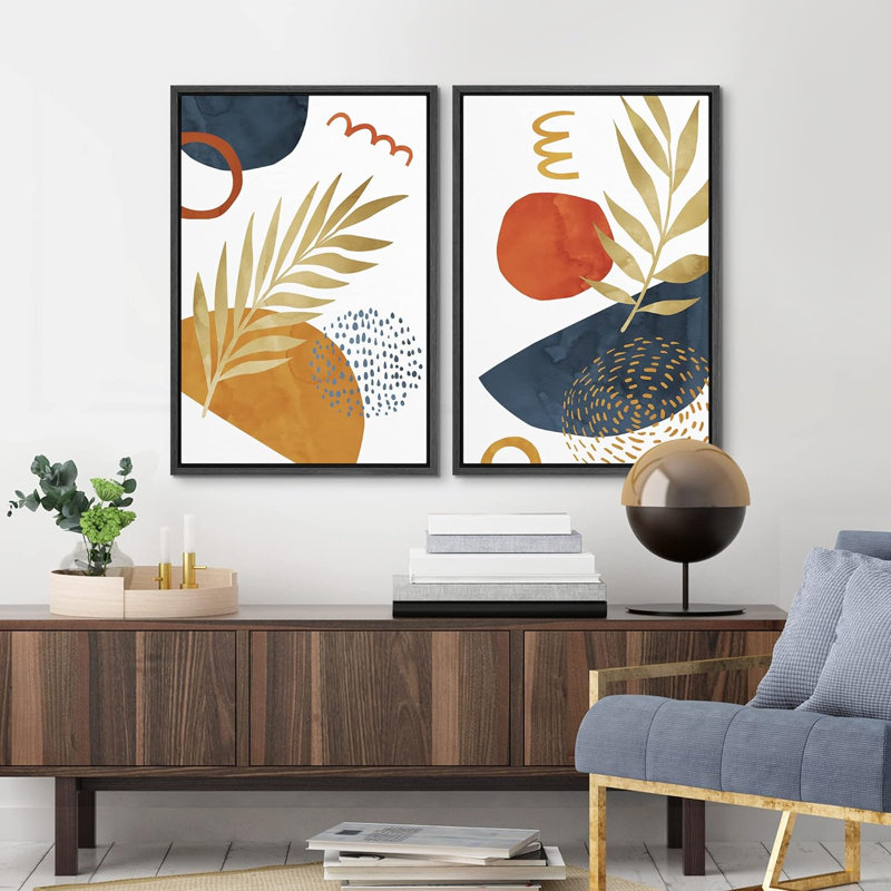 Mid-Century Vibrantest Plants Semi Circles - Ensemble de 2 reproductions sur toile flottantes, Noir, H 36 po x l 24 po
