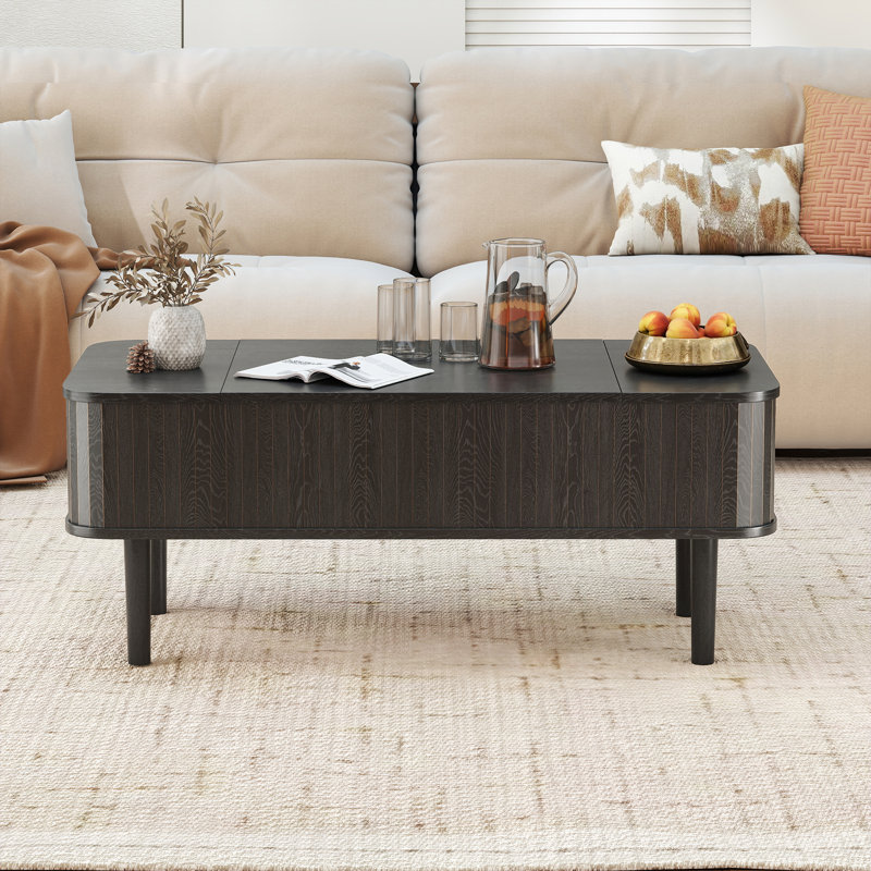 39.4'' Mid-century Modern Lift-top Coffee Table, Hidden Storage & Flip Top, Fluted Center Table, Black