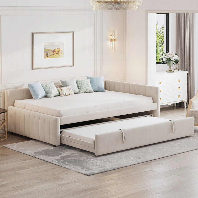Lit de jour rembourré en L avec lit gigogne escamotable, Beige