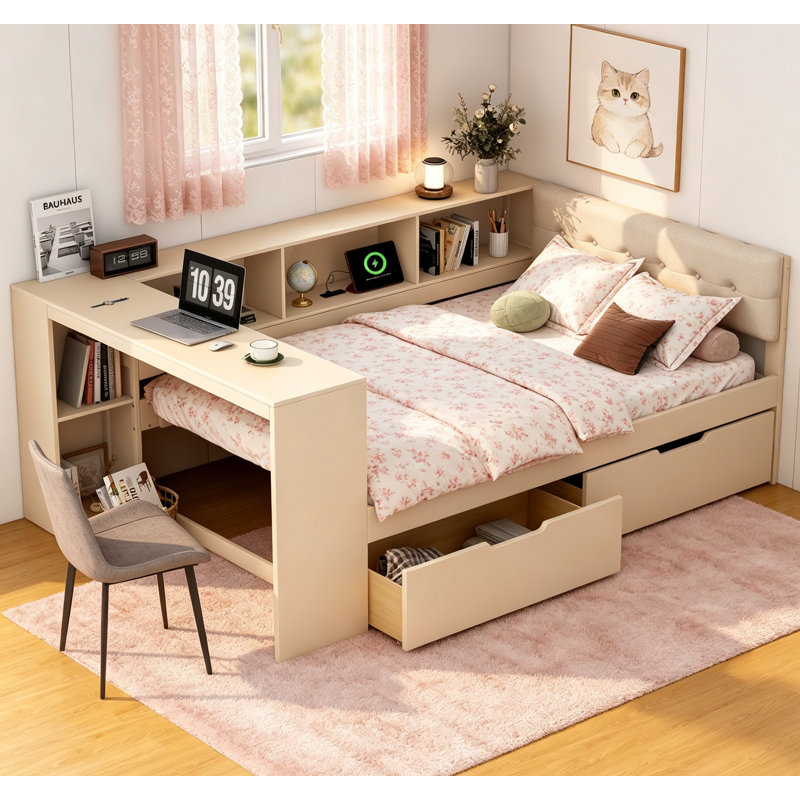 Lit plateforme en bois pleine grandeur avec tablettes de rangement, tiroirs, station de charge et tête de lit tapissier, crème