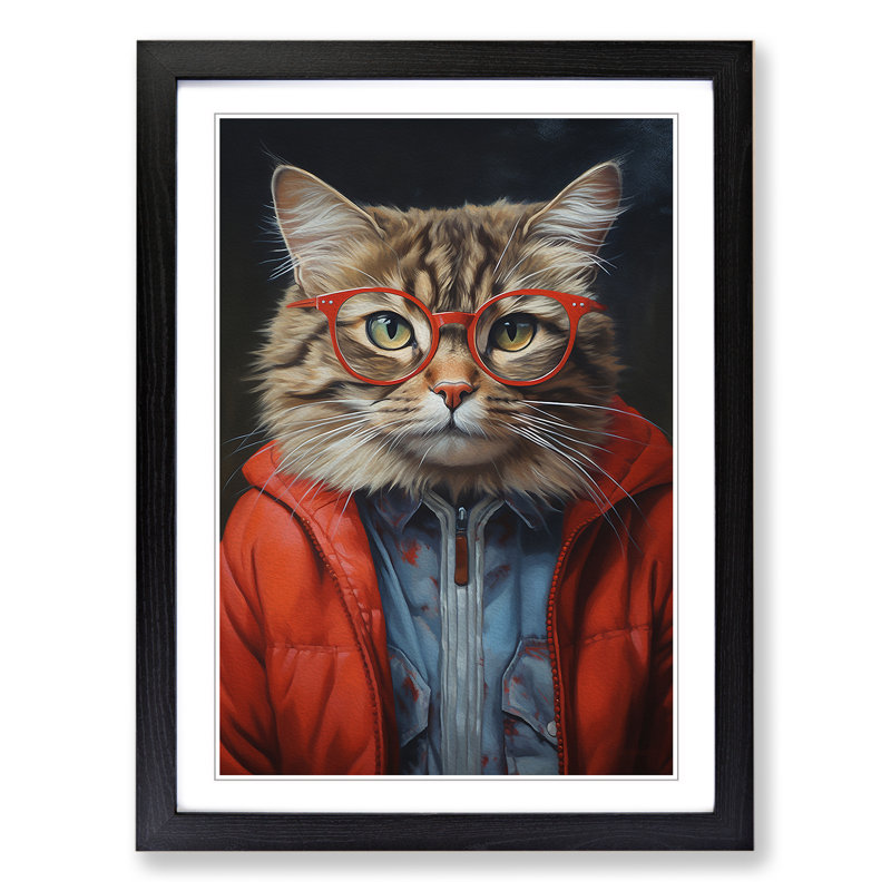 Cat With Glasses No.3 - Single Picture Frame Print on Wood, Black, 46cm H x 34cm W x 2cm D