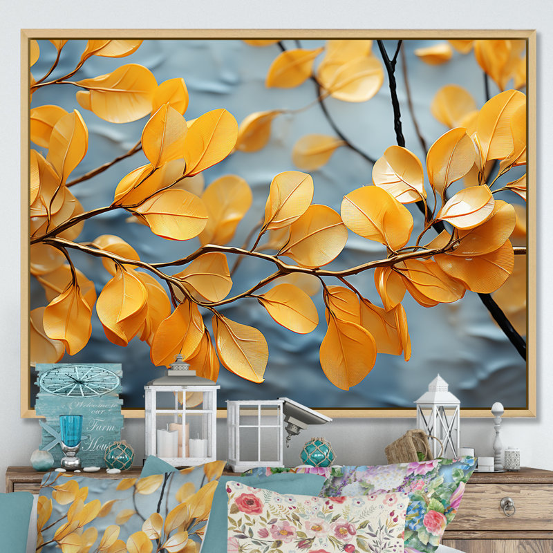 «Golden Foliage Leaves I» sur toile, Cadre naturel flottant, H 30 po x l 40 po x P 1,5 po