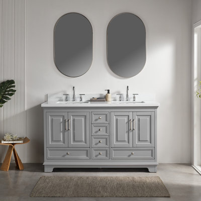 Meuble-lavabo double autoportant de 60 po avec pierre artificielle entièrement assemblé