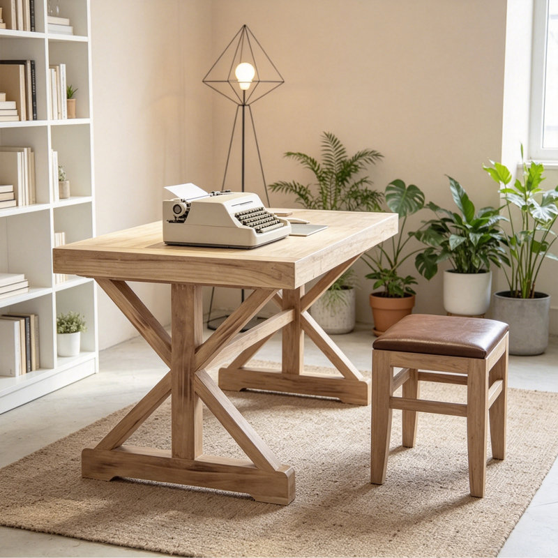 Bureau d'écriture rectangulaire en bois massif rétro brun, 29.52" H x 55.11" W x 27.55" D