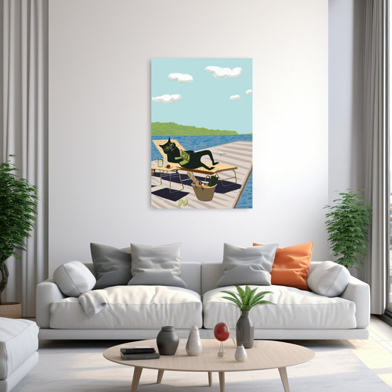Reading Cat On Dock Colorful Abstract Contemporary Bird Cat Landscape Nature Wall Art Print by Sharyn Bursic - Print