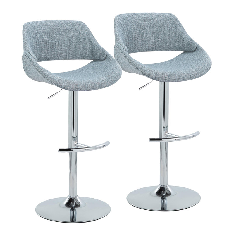 Najrin Adjustable Upholstered Bar Stool with Rounded T Footrest (Set of 2), Blue Fabric/Chrome Frame