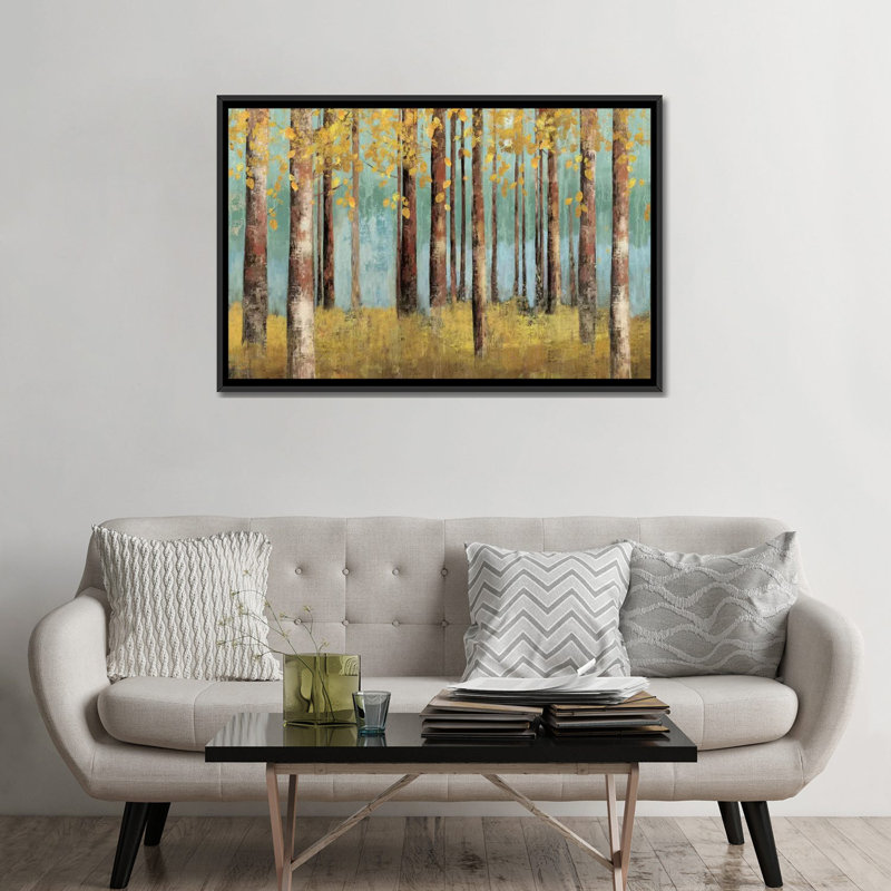 « bouleau bleu », reproduction sur toile, H 18 po x l 26 po x P 1,5 po, Toile encadrée noire, Pas de tapis