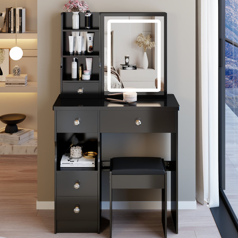 Left Drawer Desktop Vanity Table, Cushioned Stool, Touch - Operated, Tri Color Brightness Adjustable Led Mirror, Small Sized Sleeping Rooms Sized, Compact Bed