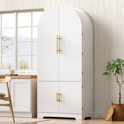 72" Tall Arched White Kitchen Pantry Cabinet - 8 Door Shelves, 3 Adjustable Shelves, Hidden Drawer & Fluted Design, Versatile Storage For Kitchen Dining & Bathroom - Kitchen Dining Room Bathroom Furniture