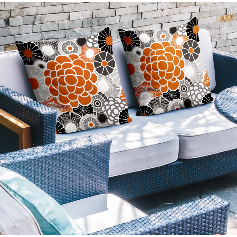Floral Outdoor Reversible Throw Pillow, 15W" x 15H", Orange