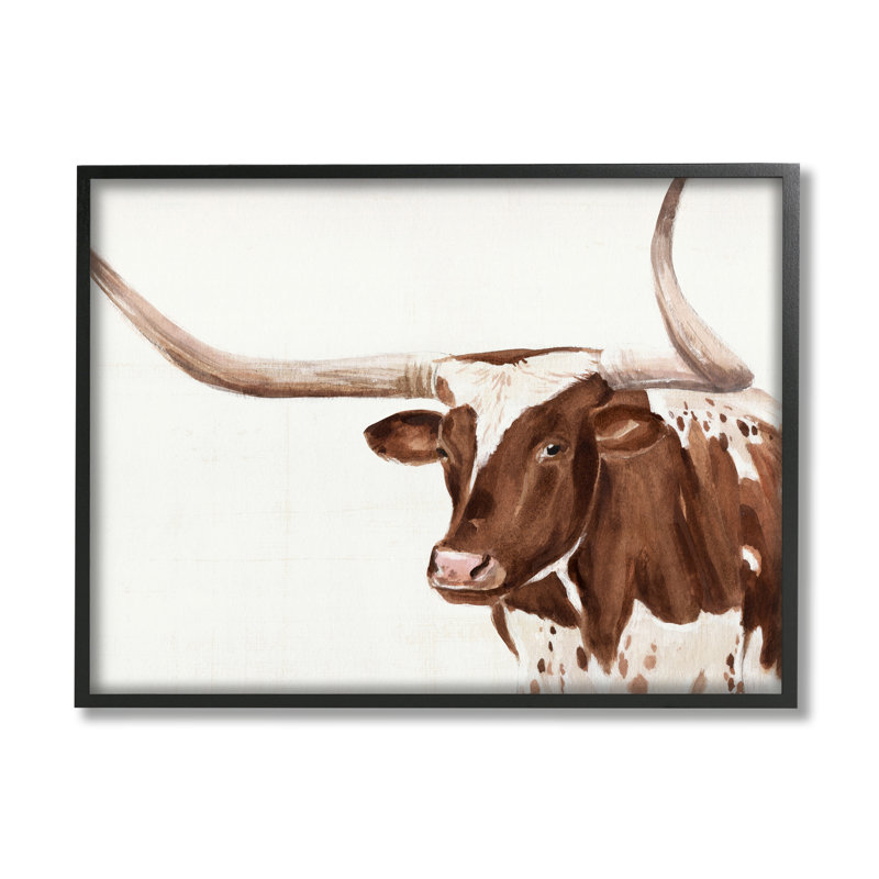 Illustration d'une ferme de vache brune à longues cornes par Annie Warren, L 20 po x H 16 po, Toile tendue