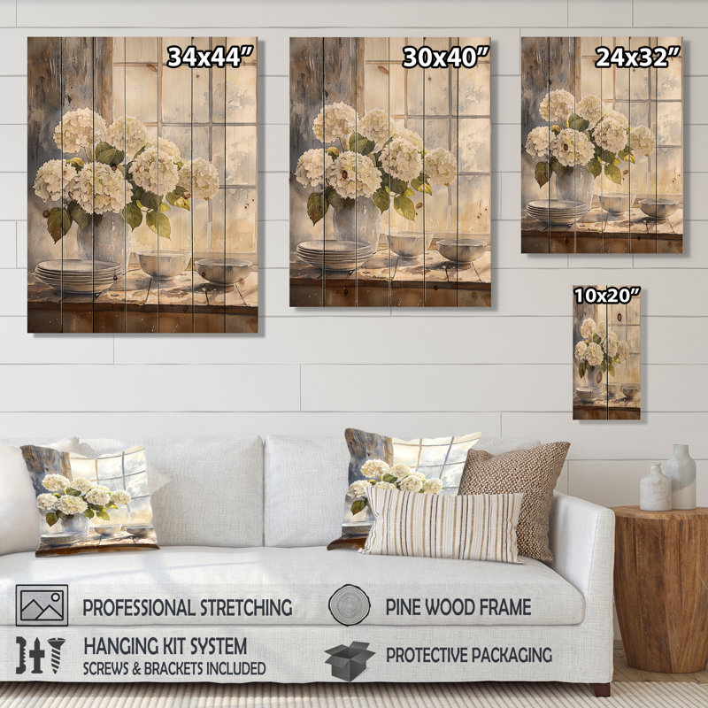 Hortensias dans le coin-repas I - impression d'hortensias sur bois de pin naturel, H 20 po x l 10 po x P 0,78 po
