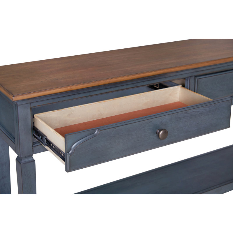 Console 60 po en velours côtelé bleu, sans assemblage. 2 tiroirs, 1 tablette. Fabriqué en caoutchouc massif et en placage de bouleau