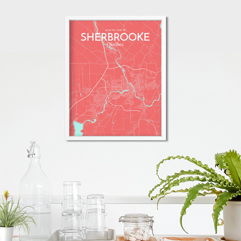 Sherbrooke, carte de la ville, impression, Rose / bleu pastel, H 20 po x l 16 po