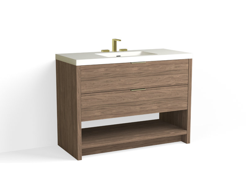 Vue 48" W Freestanding Single Bathroom Vanity, Nocino, Matte White/8" Widespread, Satin Brass