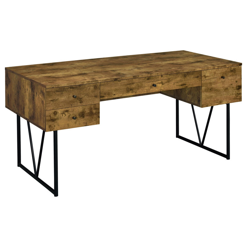 Bureau d'écriture Rustic Nutmeg à 4 tiroirs, l 63 po x P 28,75 po x H 30,5 po, panneau de fibres à densité moyenne et métal, 1 pièce, brun, avec 4 tiroirs et tablettes