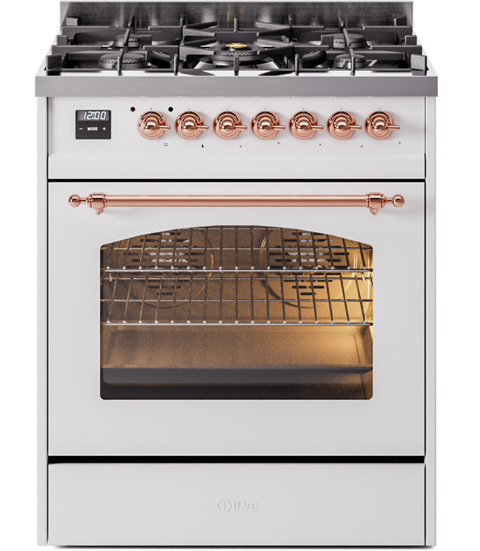 ILVE Nostalgie II Series 30 inch Dual Fuel Range with 5 Sealed Burners (Glass Door), Natural Gas, White/Copper
