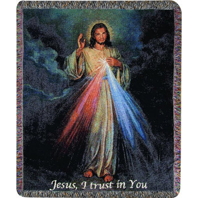 Manual Woodworkers & Weavers The Divine Mercy Woven Cotton Tapestry Throw Blanket with Words 50 x 60 Inch