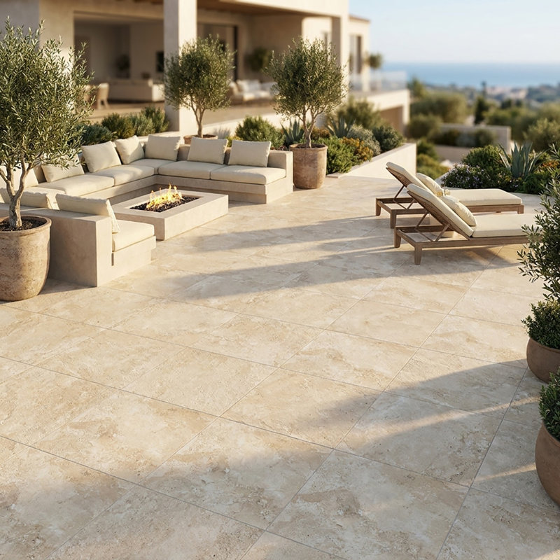 Beige Travertine Exterior 24x24 Porcelain Paver, Beige