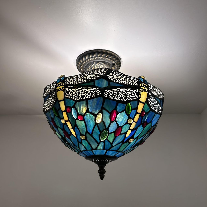Tiffany Glass Flush Mount, Green/Blue
