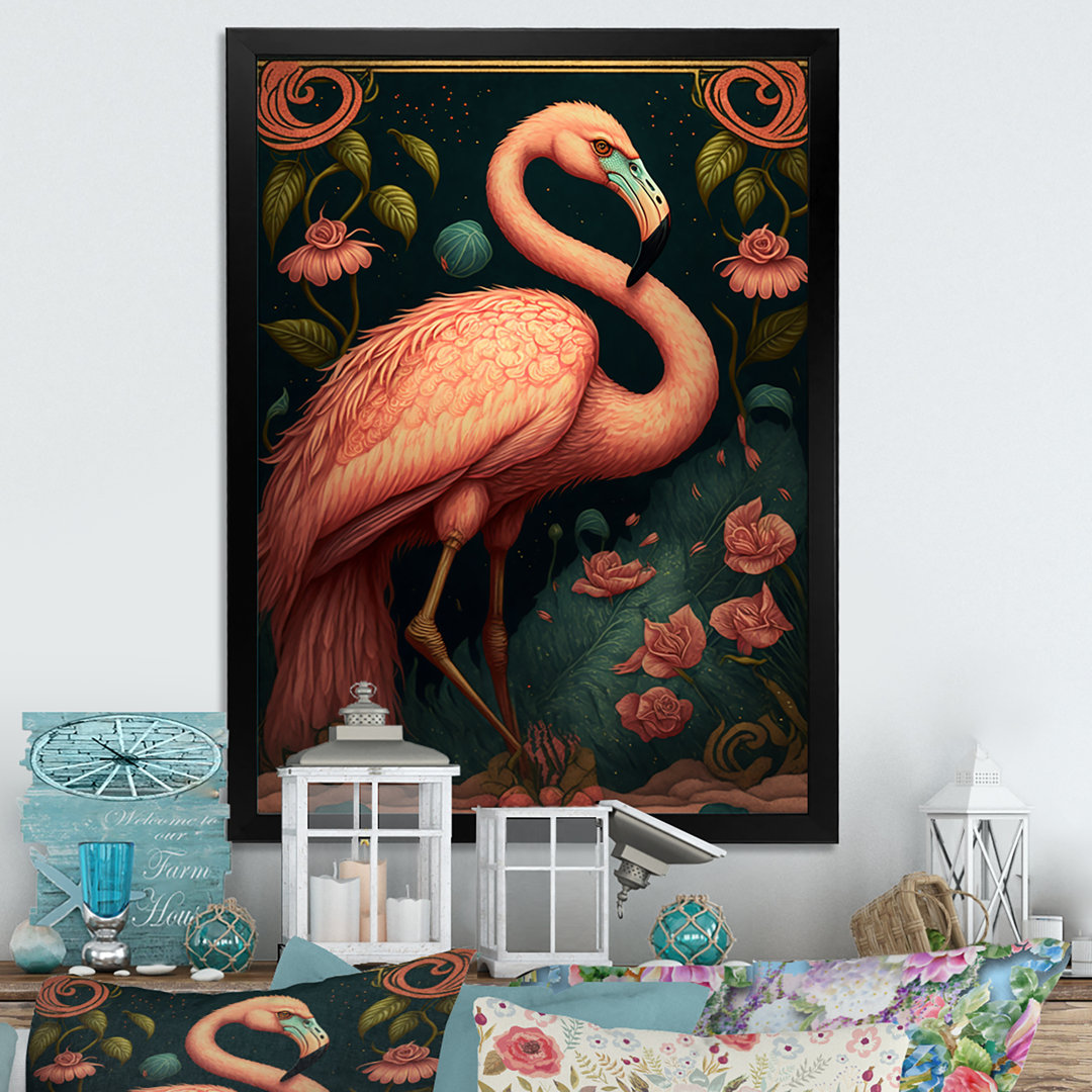 Vintage Pink Flamingo With Roses - Flamingo Wall Art For Living Room Bay Isle Home™ 