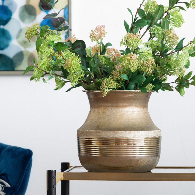Modern Ribbed Aluminum Vase with Wide Mouth for Floral Arrangements and Tabletop Decor, 11.4" H x 11.8" W x 11.8" D, Gold