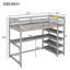 Grand lit mezzanine avec tablettes de rangement et bureau sous le lit, gris