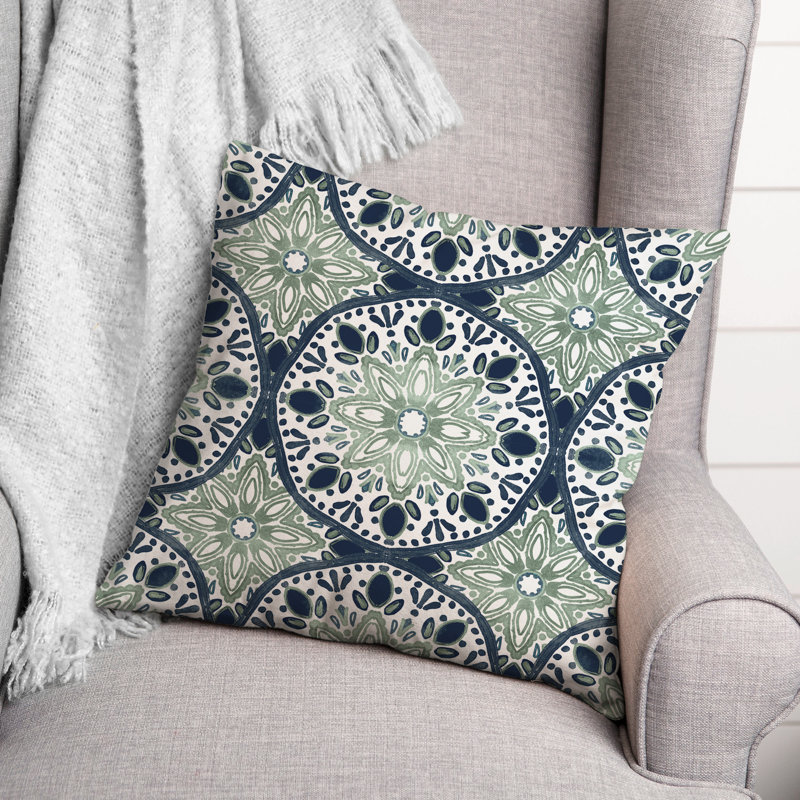 Sage and Blue Medallion Water-Resistant Square Throw Pillow