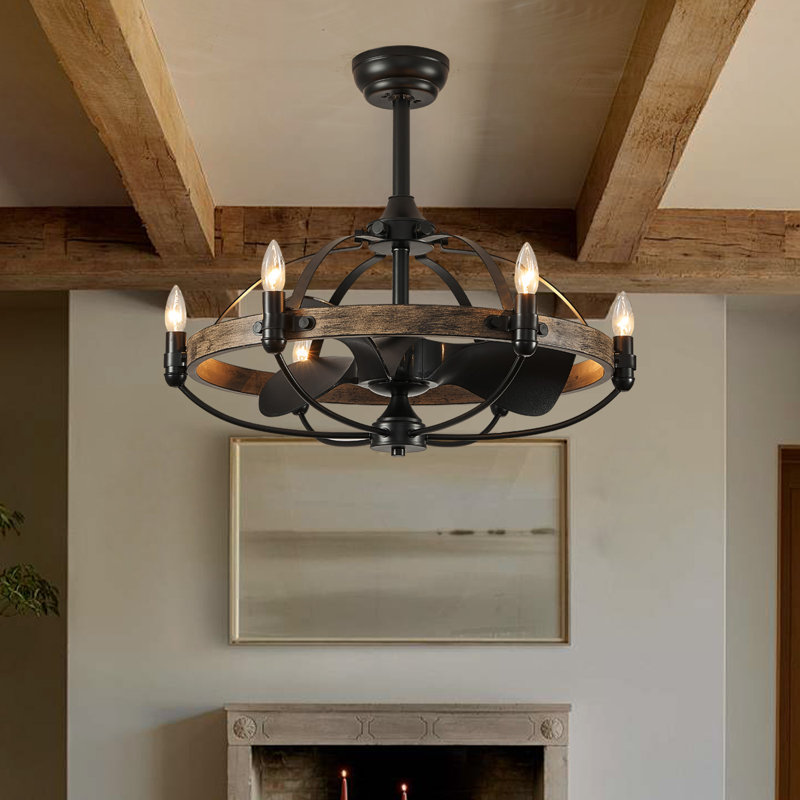 Cinta 27.17" Classic Black Caged Farmhouse Ceiling Fan With Light Kit And Remote Control, Wood