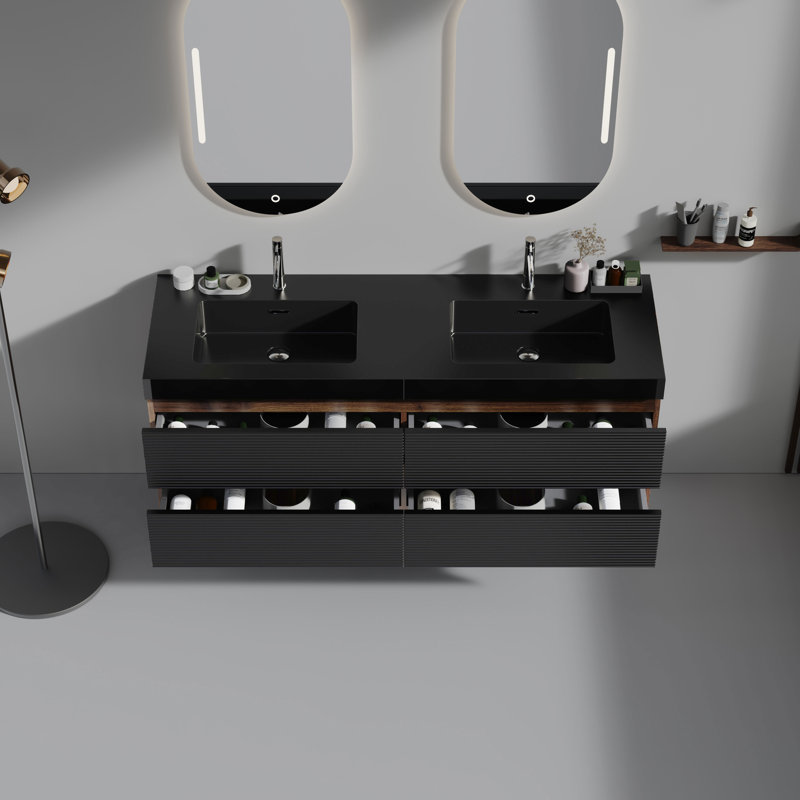 Meuble-lavabo mural avec plateau noir mat et 4 tiroirs, Noir mat, Noyer foncé, 60"