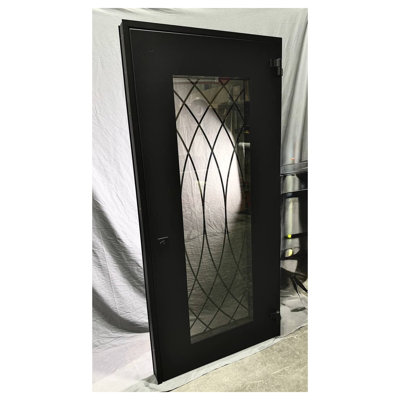 Front Exterior Prehung Aluminum Door Iron 1600 Black Entry Steel Metal Classic Painted 62 x 96 (14+36+14 x 80+16)-Left-hand Inswing