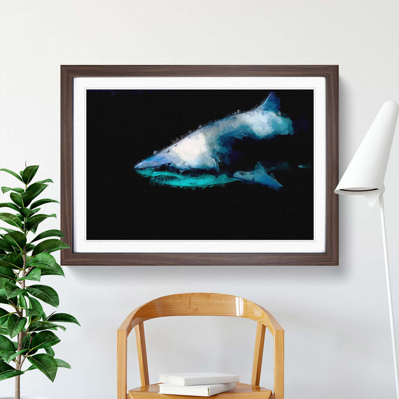 Shark in the Shadows - Picture Frame Graphic Art Print, 50cm H x 76cm W x 2cm D, Walnut