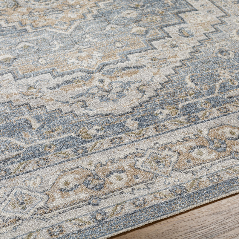 Kinzel Machine Washable Oriental Blue/Mustard Area Rug, Rectangle 5'3" x 7'