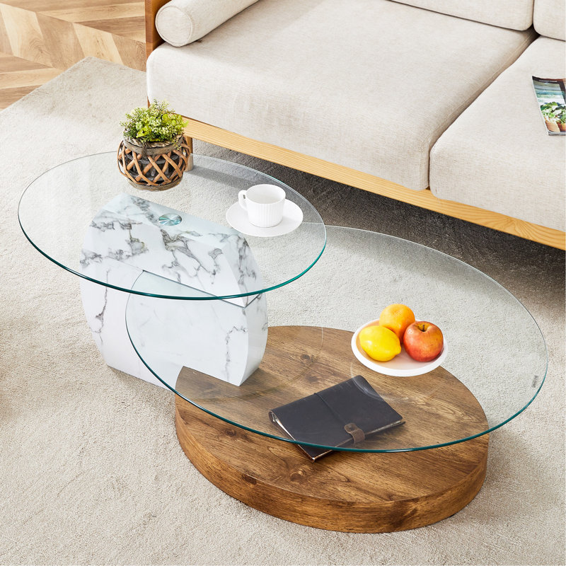 Table basse contemporaine à double couche artistique - marbre blanc et collage de grain de bois, plusieurs couleurs disponibles. Autocollant de panneau de densité, verre renforcé