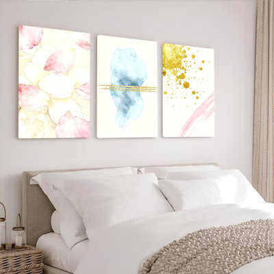 Ensemble de 3 tableaux muraux abstraits à l'aquarelle florale avec éclaboussures dorées sur toile tendue