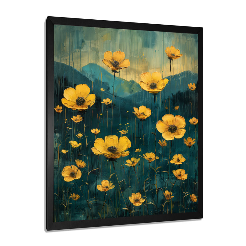Reproduction d'art jaune jaune et bleu, «Buttercups Meadow IV» - Bouton d'or, Toile encadrée noire simple