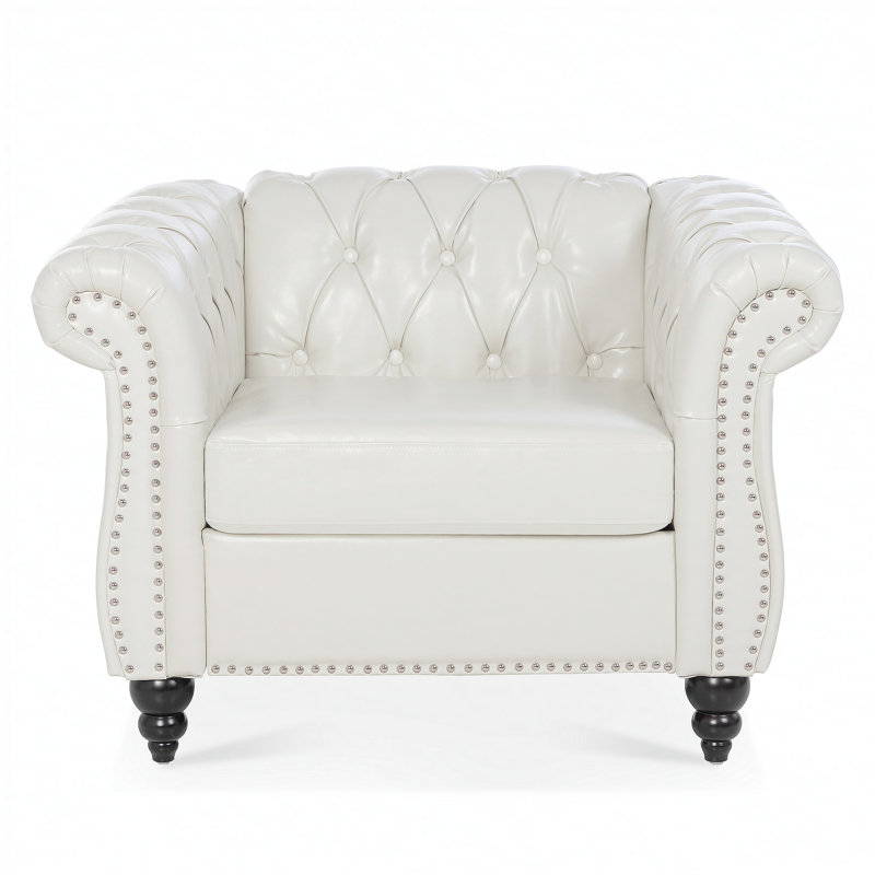 Accent Sofa Chair For Living Room, White Faux Leather, Black