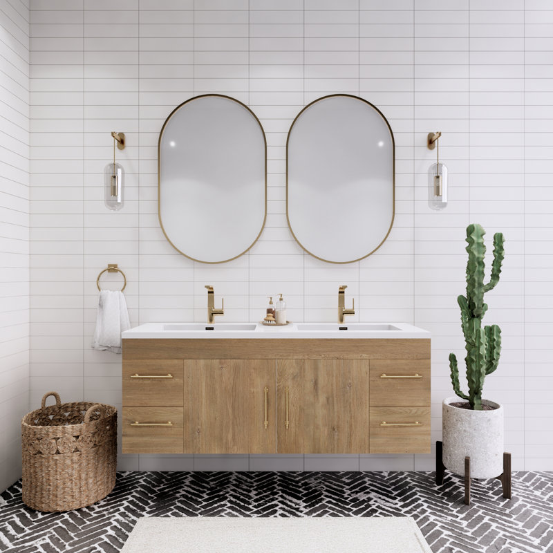 Ensemble de meuble-lavabo double 60 po Tenshi, Chêne et teck