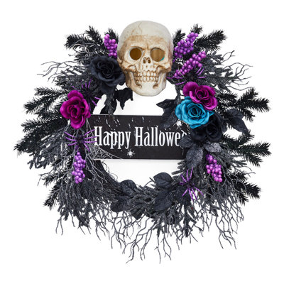 22" Halloween Wreath for Front Door, Halloween Skull Wreath with Lights