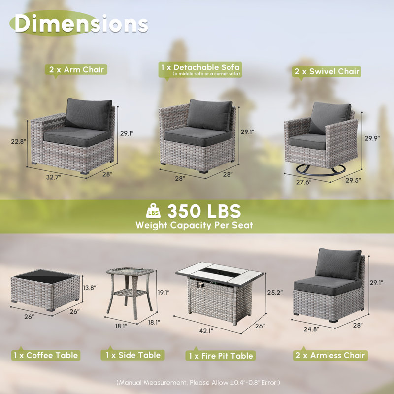 7 - Person Patio Furniture Set with Swivel Rocker, Outdoor Wicker Rattan Sectional Seating Group with Cushions, All Weather Sofa Conversation Set with Fire Pit Table for Garden Backyard