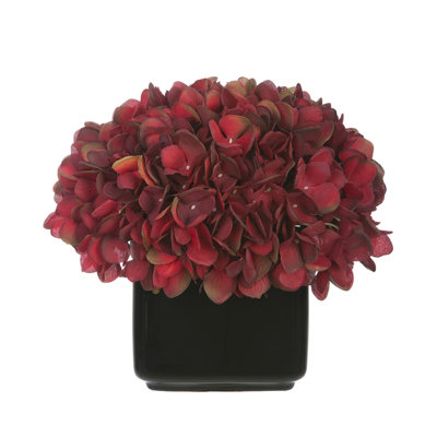 Hortensia artificiel dans un petit cube noir en céramique