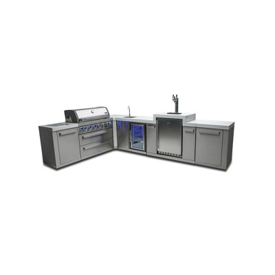 Mont Alpi Premium 94"W x 136"D x 55"H Stainless Steel L-shaped Outdoor Kitchen Island with Fridge Faucet & Sink Combo + 3-tap Kegerator Beer Dispenser + 44"W 6-Burner BBQ Grill + Granite Countertops + Storage + Natural Gas Convertible + Lifetime Warranty