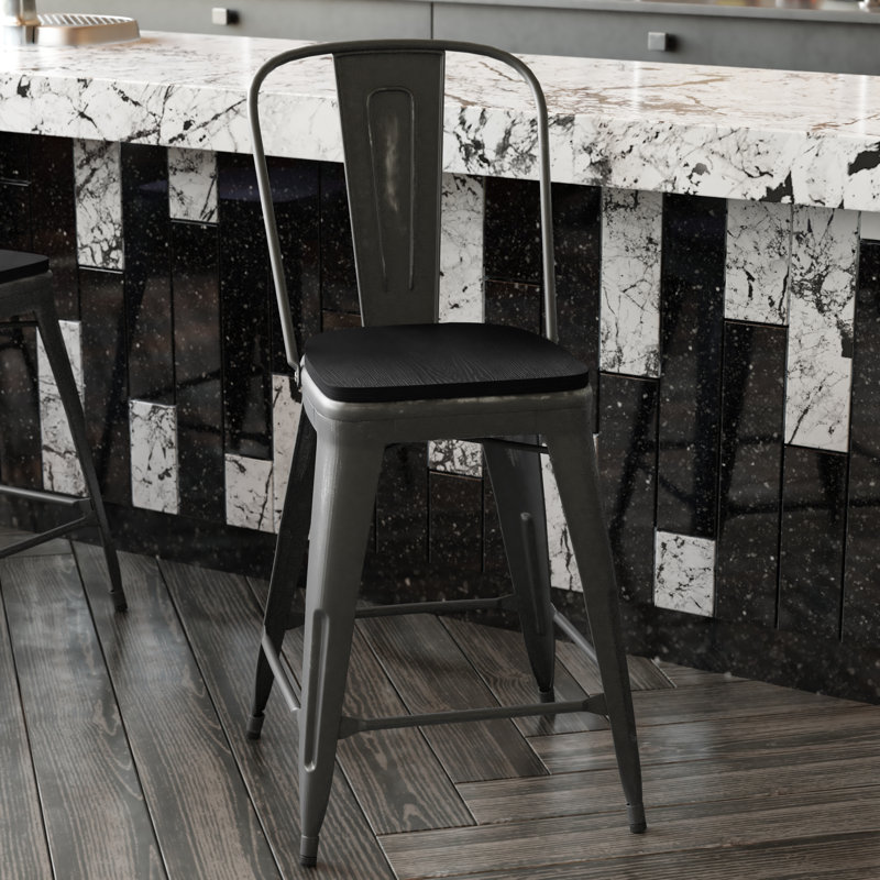 Tabouret à hauteur de comptoir toutes saisons avec siège en résine polyester Brinya, Noir
