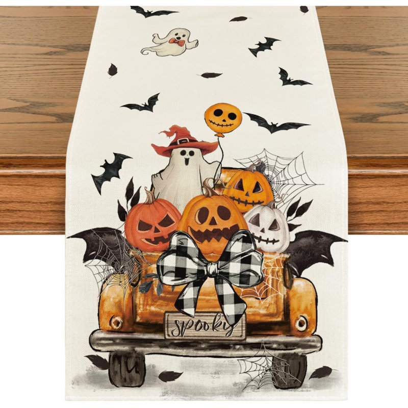 Pumpkins Ghost Spooky Orange Truck Halloween Table Runner, Kitchen Dining Table Decoration For Home Party Decor