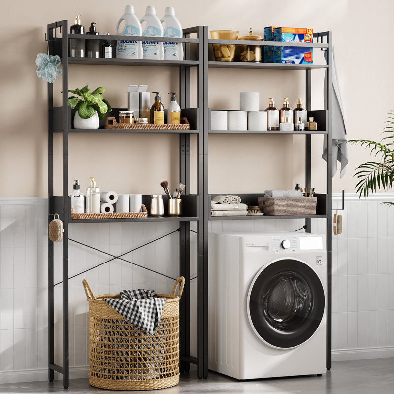 Organisateur de rangement au-dessus de la toilette, tablette en bois à 3 niveaux avec structure en métal et crochets, support de salle de bain peu encombrant pour entrée de salle de bain