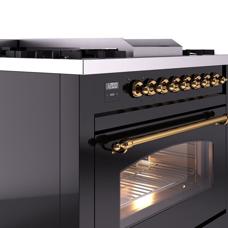 ILVE Nostalgie II 36 Dual Fuel Range, knobs, Glossy Black/Brass, Natural Gas